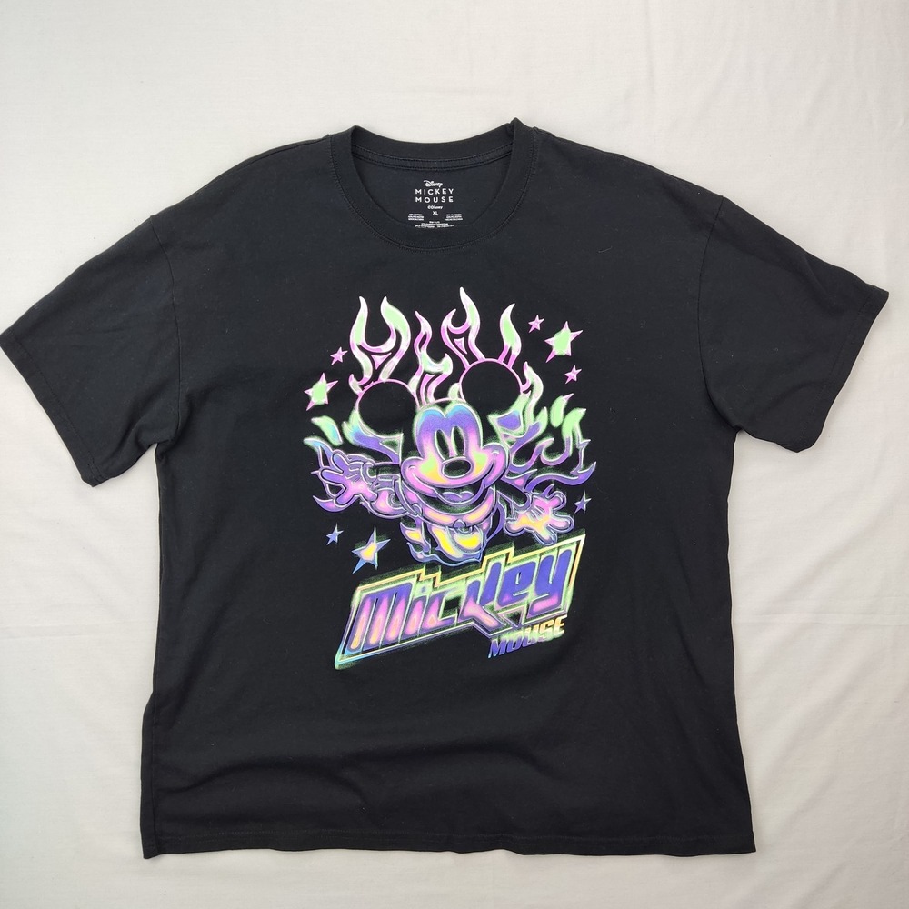 Disney T-Shirt Mens XL Black Mickey Mouse Neon Flame Airbrush Graphic Tee Street